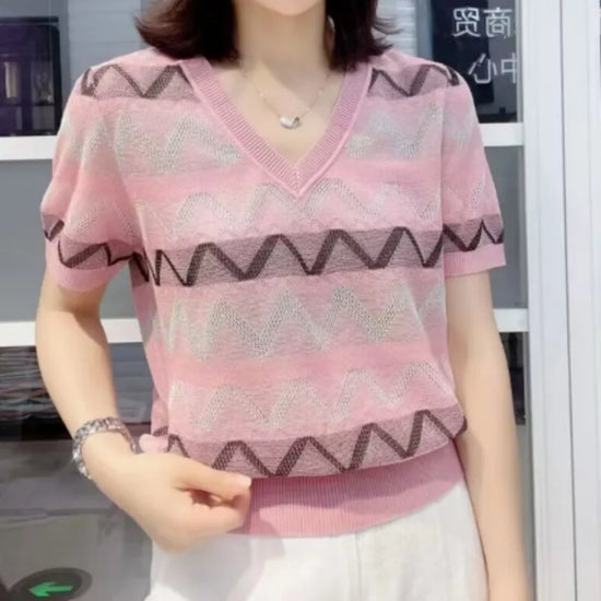 Women Clothing 2025 New Summer Fashion V Neck Short Sleeve Striped Basic Knitted T Shirt Ladies Elegant Chic Loose Pullover Tops