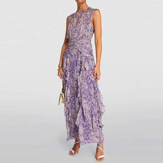 Women Clothing O Neck Floral Print Chiffon Dress Summer Sleeveless Ruffle Long Dress Seaside Vacation High Waist Pleated Dresses