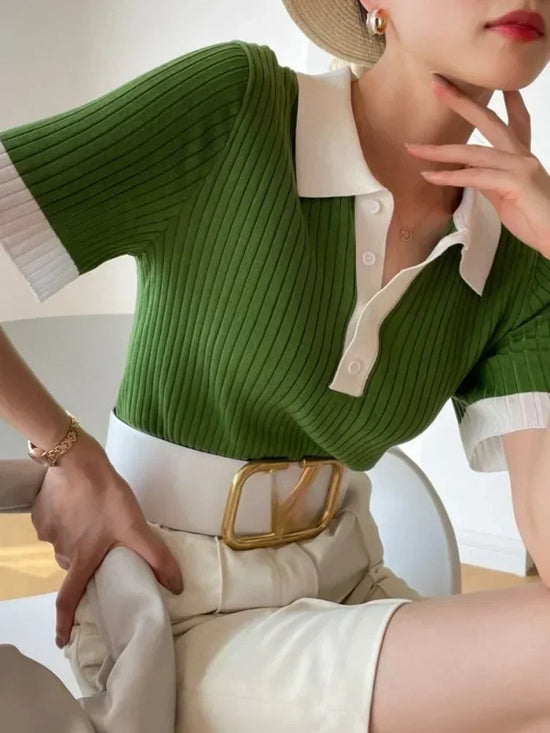 Women Clothing Temperament Elegant Knitted Contrast Tops Summer Fashion Commute POLO Short Sleeve Chic Button Slim T-shirt