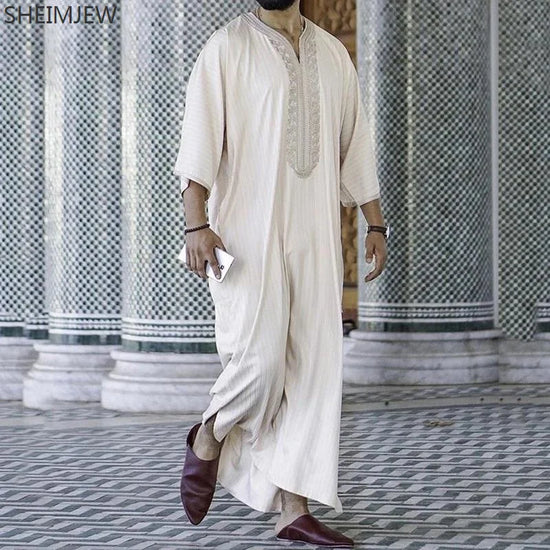 2024 Islamic Clothing For Men Ethnic Loose-fitting Casual Embroidered White Muslim Robe Arabic Kaftan Eid Ramadan Prayer Dress