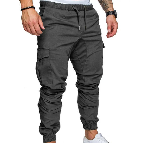 Men Skinny Cargo Pants Solid Color Pockets Drawstring Ankle Tied Sports Running Pants Gym Fittness Training Pants Men&
