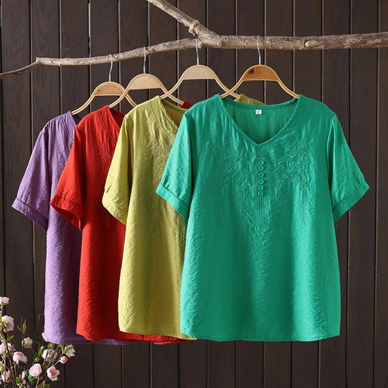 Women Clothing Streetwear Casual Fashion Elegant Cotton Linen Embroidery Vintage Clothes Tops Shirts for Women Tees